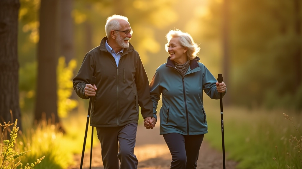 Divi seniori ar ziemeļu nūjām staigā skaistā meža parkā, saulains laiks