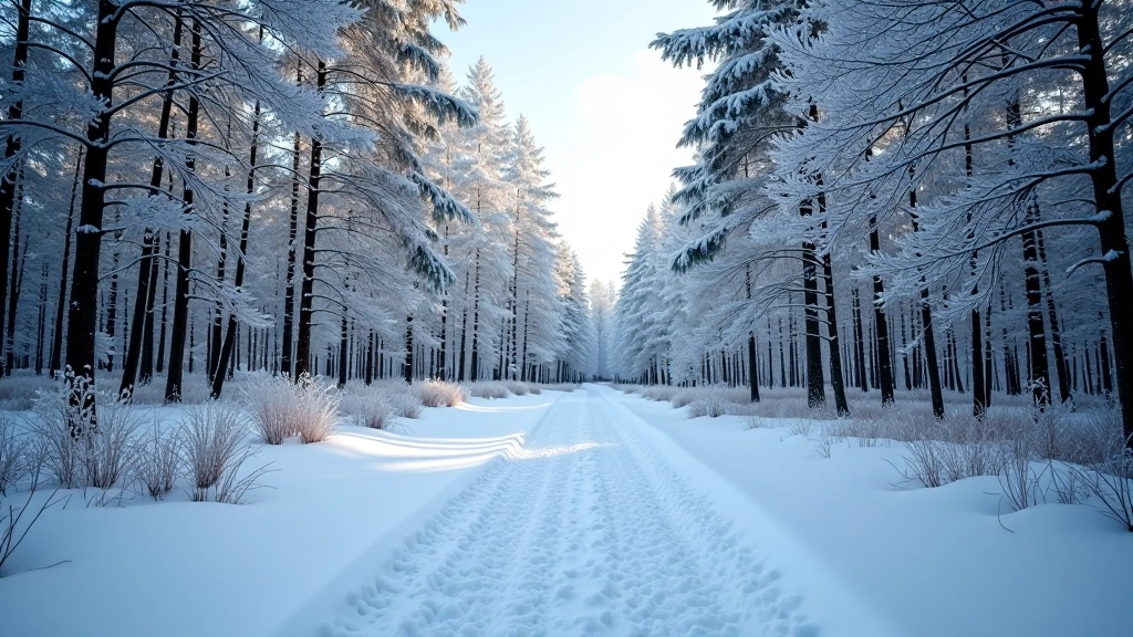 Ziemas meža taka ar sniegu un ledus, saldais laikapstāklis, skaidra redze